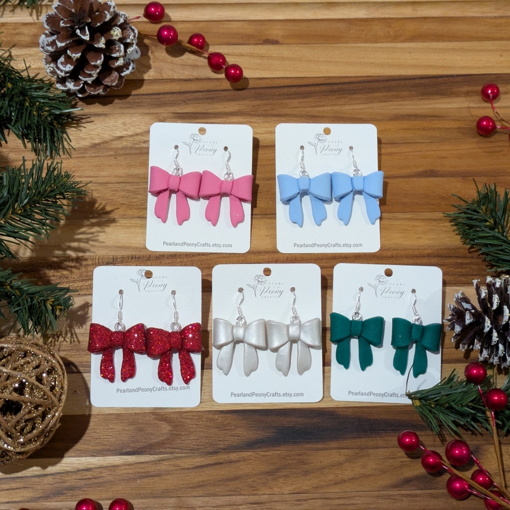 Handmade Polymer Clay Bows Statement Earrings - Great for Christmas, gifts